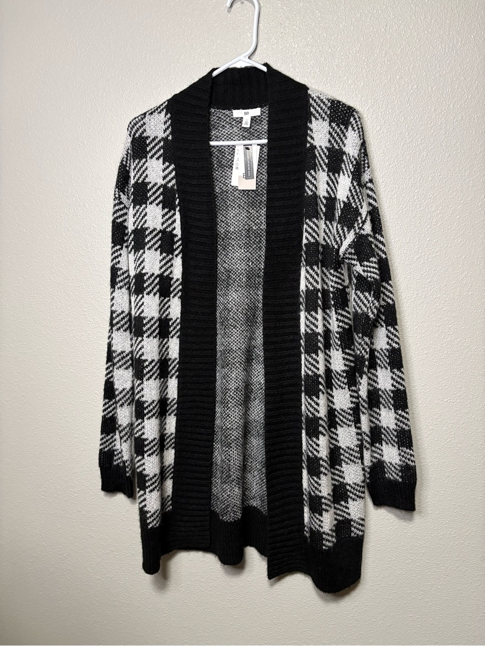 BP Buffalo Check Longline Open Front Cardigan Black White Plaid NWT Small